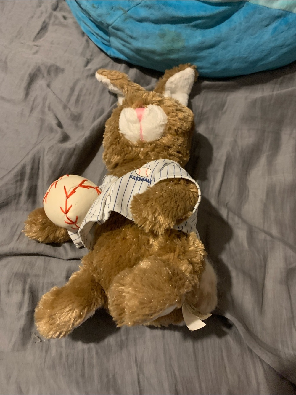 Brown Plush Bunny in White Pinstripe Baseball Jersey with Pink Accents